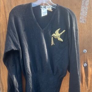 Kansai Yamamoto Black Sweater with Gold Bird Embroidery vintage. Medium